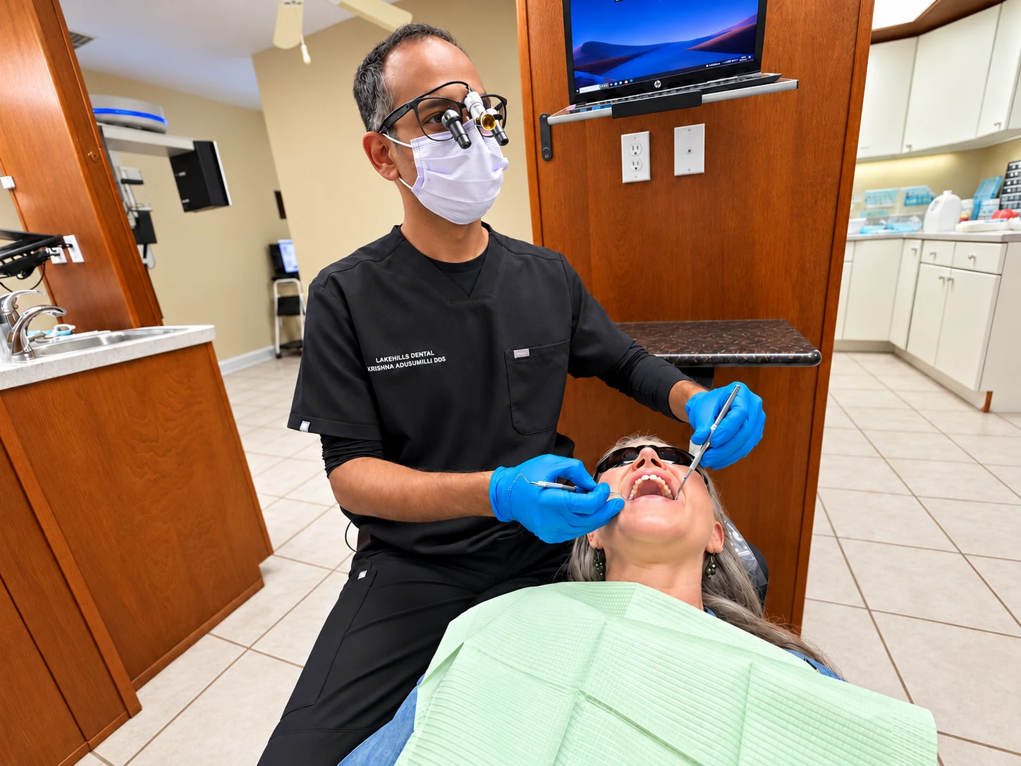 Dr. Krishna Adusumilli speaking with a patient in a Lakehills Dental Center treatment room.