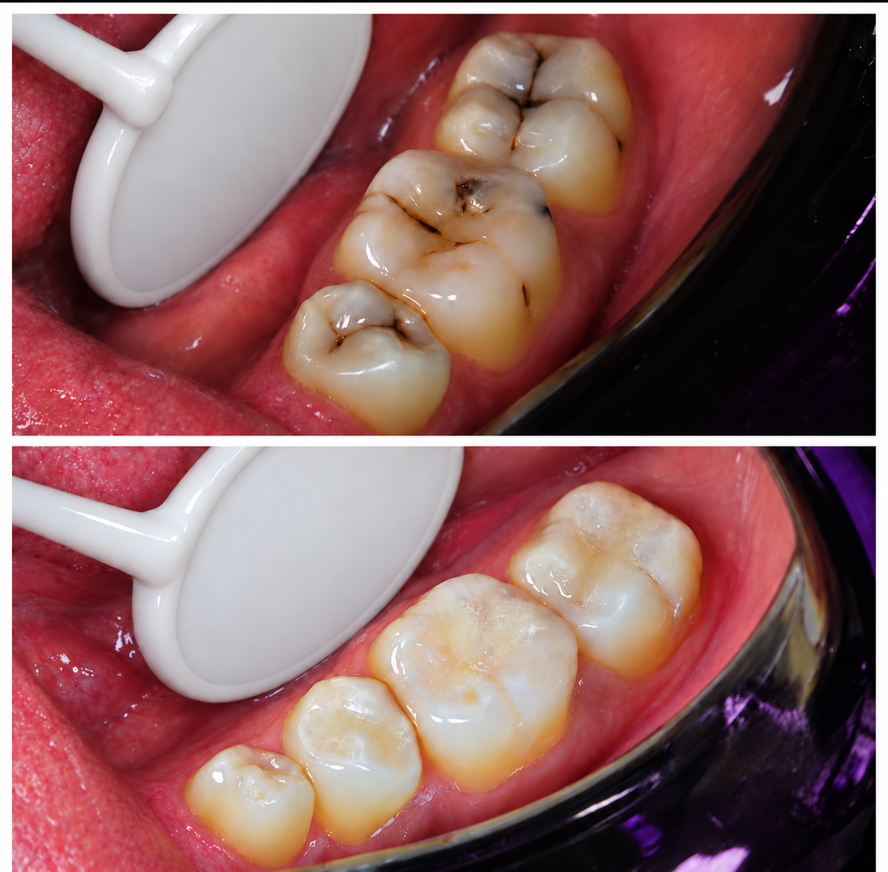 Composite restoration being placed and polished on a back tooth.