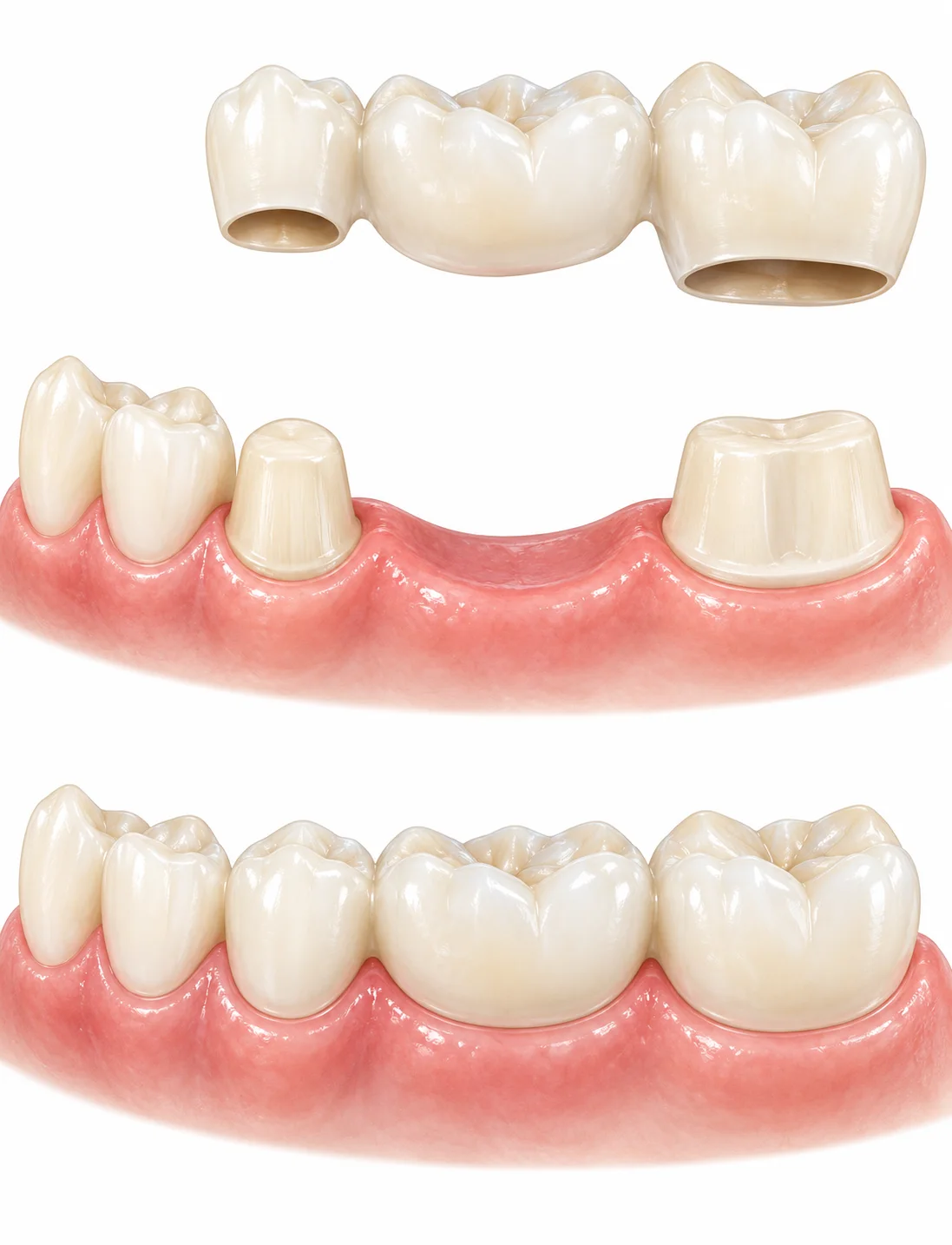 Full dental illustration showing preparation and placement of a bridge supported by crowns.