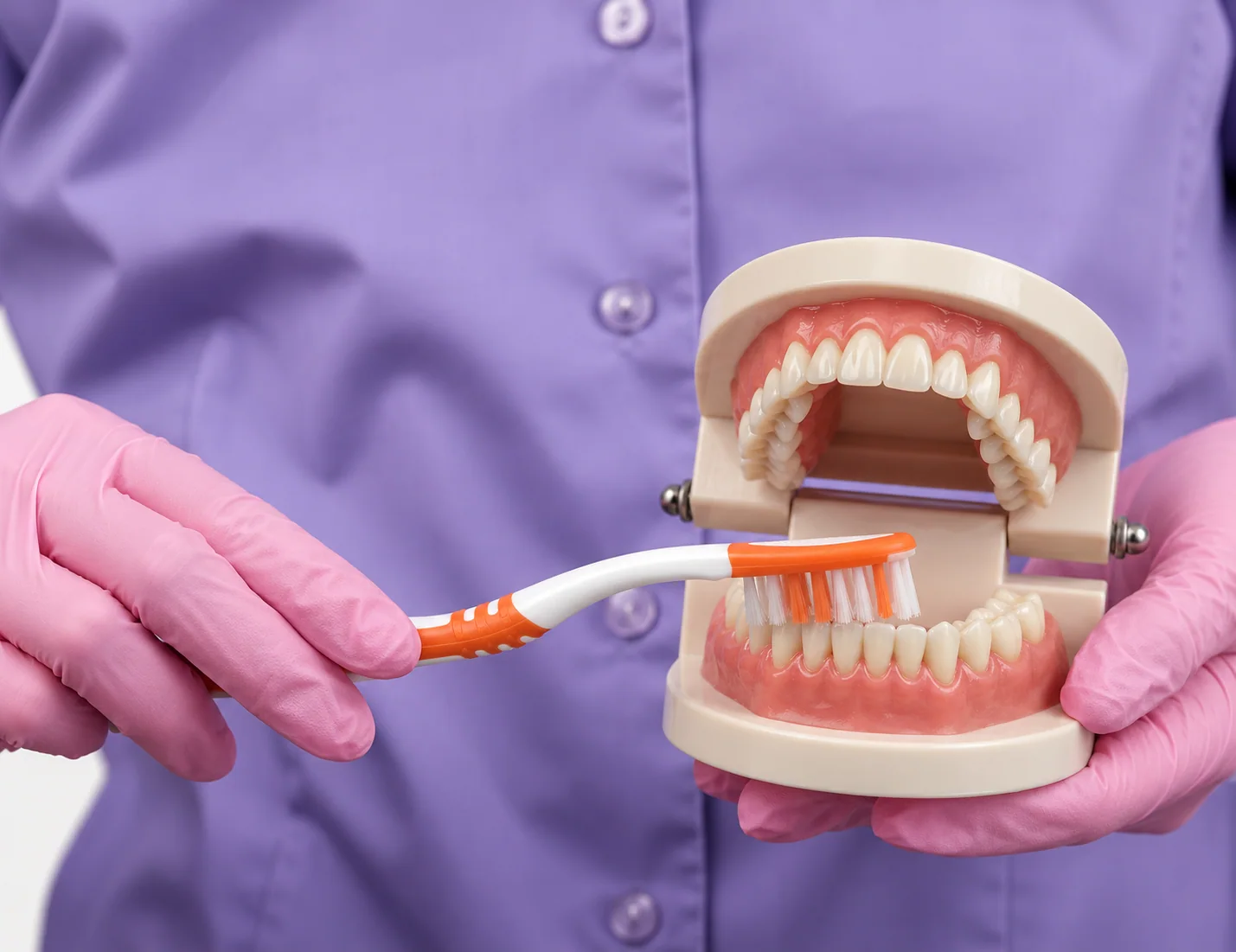 Dental professional demonstrating brushing technique on a full-mouth model.