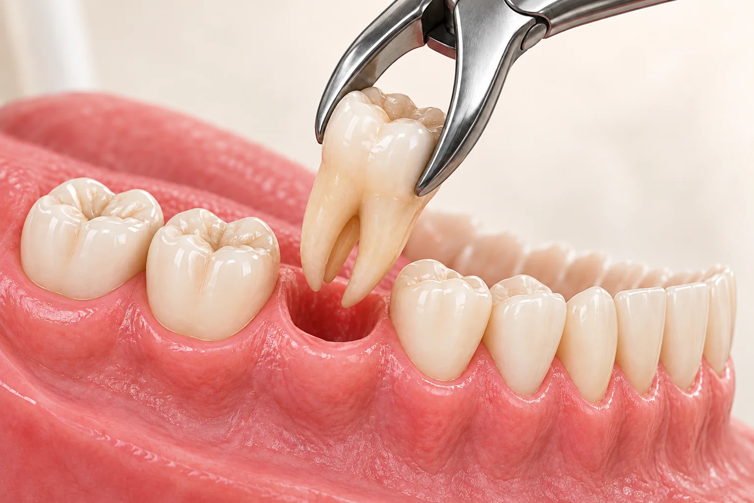 Dental illustration showing forceps carefully removing a molar from the lower jaw.